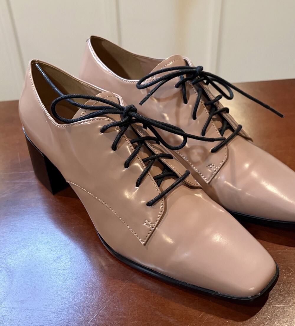 Linea Paolo New Beige Patent Leather Square Toe Oxford Lace-Up Heels Womens 9M